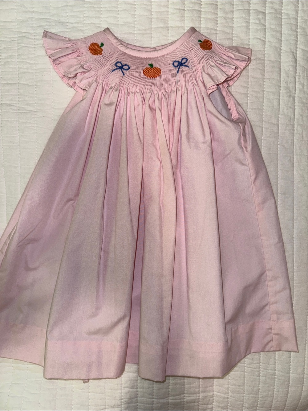 EUC TBBC Smocked Pink Dress with Pumpkin and Blue Bow Detail Size 2T